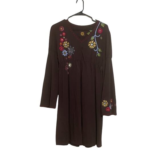 DOUBLE D RANCH Brown embroidered flowers dress Leg Of Mutton sleeves Size Small - Picture 2 of 5
